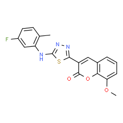 ChemSpider 2D Image | 3-{5-[(5-Fluoro-2-methylphenyl)amino]-1,3,4-thiadiazol-2-yl}-8-methoxy-2H-chromen-2-one | C19H14FN3O3S