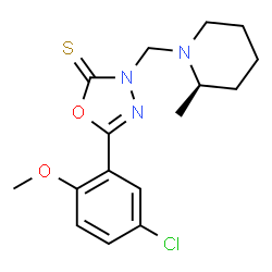 ChemSpider 2D Image | 5-(5-Chloro-2-methoxyphenyl)-3-{[(2R)-2-methyl-1-piperidinyl]methyl}-1,3,4-oxadiazole-2(3H)-thione | C16H20ClN3O2S