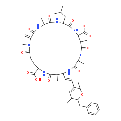 ChemSpider 2D Image | 8-Isobutyl-18-[(1E,3E)-6-methoxy-3,5-dimethyl-7-phenyl-1,3-heptadien-1-yl]-1,5,12,15,19-pentamethyl-2-methylene-3,6,9,13,16,20,25-heptaoxo-1,4,7,10,14,17,21-heptaazacyclopentacosane-11,22-dicarboxylic
 acid | C46H67N7O12