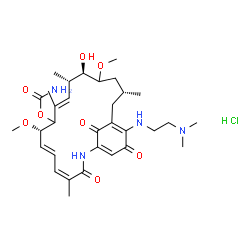 ChemSpider 2D Image | (4Z,6E,8S,10E,12S,13R,16R)-19-{[2-(Dimethylamino)ethyl]amino}-13-hydroxy-8,14-dimethoxy-4,10,12,16-tetramethyl-3,20,22-trioxo-2-azabicyclo[16.3.1]docosa-1(21),4,6,10,18-pentaen-9-yl carbamate hydrochl
oride (1:1) | C32H49ClN4O8