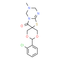 ChemSpider 2D Image | 2-(2-Chlorophenyl)-3'-methyl-3',4'-dihydro-2'H-spiro[1,3-dioxane-5,7'-[1,3]thiazolo[3,2-a][1,3,5]triazin]-6'-one | C15H16ClN3O3S
