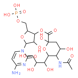 ChemSpider 2D Image | 5-(4-Amino-2-oxo-1(2H)-pyrimidinyl)-4-hydroxy-2-[(phosphonooxy)methyl]tetrahydro-3-furanyl 5-acetamido-2,4-dihydroxy-6-(1,2,3-trihydroxypropyl)tetrahydro-2H-pyran-2-carboxylate (non-preferred name) | C20H31N4O16P