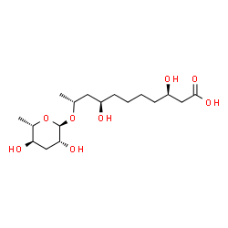 ChemSpider 2D Image | (3R,8R,10R)-10-[(3,6-Dideoxy-alpha-L-arabino-hexopyranosyl)oxy]-3,8-dihydroxyundecanoic acid | C17H32O8