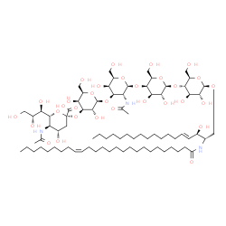 ChemSpider 2D Image | (2S,3R,4E)-2-[(17Z)-17-Hexacosenoylamino]-3-hydroxy-4-octadecen-1-yl (6R)-5-acetamido-3,5-dideoxy-6-[(1R,2R)-1,2,3-trihydroxypropyl]-beta-L-threo-hex-2-ulopyranonosyl-(2->3)-beta-D-galactopyranosyl-(1
->3)-2-acetamido-2-deoxy-beta-D-galactopyranosyl-(1->4)-beta-D-galactopyranosyl-(1->4)-beta-D-glucopyranoside | C81H145N3O31