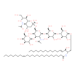 ChemSpider 2D Image | (2S,3R,4E)-2-[(17Z)-17-Hexacosenoylamino]-3-hydroxy-4-octadecen-1-yl (6R)-5-acetamido-3,5-dideoxy-6-[(1R,2R)-1,2,3-trihydroxypropyl]-beta-L-threo-hex-2-ulopyranonosyl-(2->6)-[beta-D-galactopyranosyl-(
1->3)]-2-acetamido-2-deoxy-beta-D-galactopyranosyl-(1->4)-beta-D-galactopyranosyl-(1->4)-beta-D-glucopyranoside | C81H145N3O31