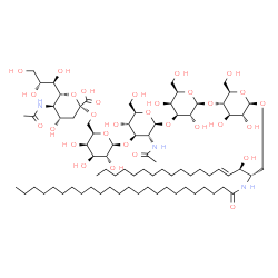 ChemSpider 2D Image | (2S,3R,4E)-3-Hydroxy-2-(tetracosanoylamino)-4-octadecen-1-yl (6R)-5-acetamido-3,5-dideoxy-6-[(1R,2R)-1,2,3-trihydroxypropyl]-beta-L-threo-hex-2-ulopyranonosyl-(2->6)-beta-D-galactopyranosyl-(1->3)-2-a
cetamido-2-deoxy-beta-D-glucopyranosyl-(1->3)-beta-D-galactopyranosyl-(1->4)-beta-D-glucopyranoside | C79H143N3O31