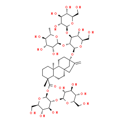 ChemSpider 2D Image | 1-O-[(5beta,8alpha,9beta,10alpha,13alpha)-13-{[6-Deoxy-alpha-L-mannopyranosyl-(1->2)-[beta-D-glucopyranosyl-(1->3)]-beta-D-glucopyranosyl]oxy}-18-oxokaur-16-en-18-yl]-2-O-beta-D-glucopyranosyl-beta-D-
glucopyranose | C50H80O27