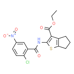 ChemSpider 2D Image | Ethyl 2-[(2-chloro-5-nitrobenzoyl)amino]-5,6-dihydro-4H-cyclopenta[b]thiophene-3-carboxylate | C17H15ClN2O5S