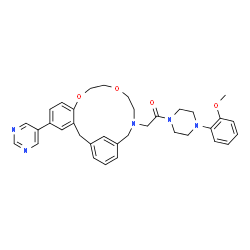 ChemSpider 2D Image | 1-[4-(2-Methoxyphenyl)-1-piperazinyl]-2-[5-(5-pyrimidinyl)-9,12-dioxa-15-azatricyclo[15.3.1.0~3,8~]henicosa-1(21),3,5,7,17,19-hexaen-15-yl]ethanone | C35H39N5O4