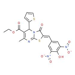 ChemSpider 2D Image | Ethyl (2Z)-2-(4-hydroxy-3,5-dinitrobenzylidene)-7-methyl-3-oxo-5-(2-thienyl)-2,3-dihydro-5H-[1,3]thiazolo[3,2-a]pyrimidine-6-carboxylate | C21H16N4O8S2