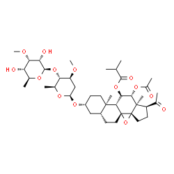 ChemSpider 2D Image | (3alpha,5beta,8alpha,9beta,10alpha,11beta,12alpha,13alpha)-12-Acetoxy-3-{[2,6-dideoxy-4-O-(6-deoxy-3-O-methyl-beta-L-allopyranosyl)-3-O-methyl-beta-L-arabino-hexopyranosyl]oxy}-20-oxo-8,14-epoxypregna
n-11-yl 2-methylpropanoate | C41H64O14