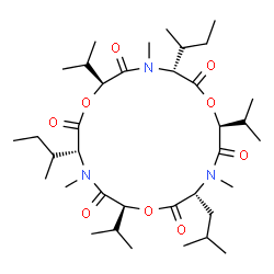 ChemSpider 2D Image | (3R,6S,9R,12S,15R,18S)-3,9-Di[(2S)-2-butanyl]-15-isobutyl-6,12,18-triisopropyl-4,10,16-trimethyl-1,7,13-trioxa-4,10,16-triazacyclooctadecane-2,5,8,11,14,17-hexone | C36H63N3O9