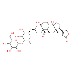 ChemSpider 2D Image | (3alpha,5alpha,8alpha,9beta,10alpha,13alpha,14alpha,17alpha)-3-{[(4xi)-6-Deoxy-4-O-(L-glucopyranosyl)-alpha-D-lyxo-hexopyranosyl]oxy}-5,14-dihydroxy-19-oxocard-20(22)-enolide | C35H52O15