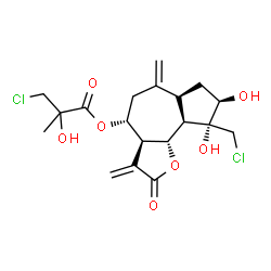 ChemSpider 2D Image | (3aS,4R,8R,9R,9aR,9bR)-9-(Chloromethyl)-8,9-dihydroxy-3,6-bis(methylene)-2-oxododecahydroazuleno[4,5-b]furan-4-yl 3-chloro-2-hydroxy-2-methylpropanoate | C19H24Cl2O7