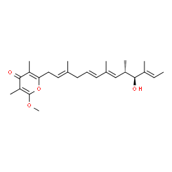 ChemSpider 2D Image | 2-[(2E,5E,7E,9S,10S,11E)-10-Hydroxy-3,7,9,11-tetramethyl-2,5,7,11-tridecatetraen-1-yl]-6-methoxy-3,5-dimethyl-4H-pyran-4-one | C25H36O4