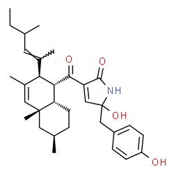 ChemSpider 2D Image | 5-Hydroxy-5-(4-hydroxybenzyl)-3-({(1R,2R,4aS,6R,8aS)-3,4a,6-trimethyl-2-[(2E)-4-methyl-2-hexen-2-yl]-1,2,4a,5,6,7,8,8a-octahydro-1-naphthalenyl}carbonyl)-1,5-dihydro-2H-pyrrol-2-one | C32H43NO4