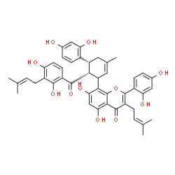 ChemSpider 2D Image | 8-[(5R,6R)-6-[2,4-Dihydroxy-3-(3-methyl-2-buten-1-yl)benzoyl]-5-(2,4-dihydroxyphenyl)-3-methyl-2-cyclohexen-1-yl]-2-(2,4-dihydroxyphenyl)-5,7-dihydroxy-3-(3-methyl-2-buten-1-yl)-4H-chromen-4-one | C45H44O11