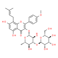 ChemSpider 2D Image | 5,7-Dihydroxy-2-(4-methoxyphenyl)-8-(3-methyl-2-buten-1-yl)-4-oxo-4H-chromen-3-yl 6-deoxy-3-O-alpha-D-mannopyranosyl-beta-L-glucopyranoside | C33H40O15
