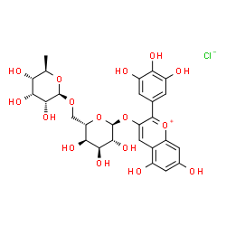 ChemSpider 2D Image | 5,7-Dihydroxy-2-(3,4,5-trihydroxyphenyl)-3-chromeniumyl 6-O-(6-deoxy-beta-D-allopyranosyl)-alpha-L-altropyranoside chloride | C27H31ClO16