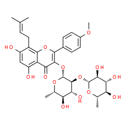 ChemSpider 2D Image | 5,7-Dihydroxy-2-(4-methoxyphenyl)-8-(3-methyl-2-buten-1-yl)-4-oxo-4H-chromen-3-yl 6-deoxy-2-O-(6-deoxy-beta-L-glucopyranosyl)-beta-L-glucopyranoside | C33H40O14