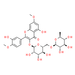 ChemSpider 2D Image | 5-Hydroxy-2-(3-hydroxy-4-methoxyphenyl)-7-methoxy-4-oxo-4H-chromen-3-yl 6-O-(6-deoxy-beta-L-glucopyranosyl)-alpha-D-mannopyranoside | C29H34O16