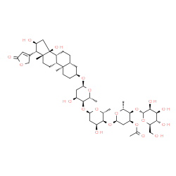ChemSpider 2D Image | (3beta,5beta,9beta,10alpha,16beta,17alpha)-14,16-Dihydroxy-3-{[alpha-D-mannopyranosyl-(1->4)-3-O-acetyl-2,6-dideoxy-alpha-D-ribo-hexopyranosyl-(1->4)-2,6-dideoxy-alpha-D-ribo-hexopyranosyl-(1->4)-2,6-
dideoxy-alpha-D-ribo-hexopyranosyl]oxy}card-20(22)-enolide | C49H76O20