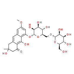 ChemSpider 2D Image | 6,9-Dihydroxy-3-methoxy-6-methyl-8-oxo-5,6,7,8-tetrahydro-1-anthracenyl 6-O-alpha-D-mannopyranosyl-alpha-D-mannopyranoside | C28H36O15