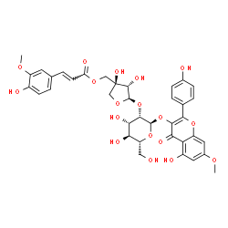 ChemSpider 2D Image | 5-Hydroxy-2-(4-hydroxyphenyl)-7-methoxy-4-oxo-4H-chromen-3-yl 2-O-[(2R,3S,4S)-3,4-dihydroxy-4-({[(2E)-3-(4-hydroxy-3-methoxyphenyl)-2-propenoyl]oxy}methyl)tetrahydro-2-furanyl]-alpha-D-mannopyranoside | C37H38O18