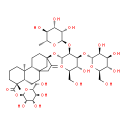 ChemSpider 2D Image | 1-O-[(5beta,9beta,10alpha)-13-{[6-Deoxy-alpha-D-mannopyranosyl-(1->2)-[alpha-D-mannopyranosyl-(1->3)]-alpha-D-mannopyranosyl]oxy}-18-oxokaur-16-en-18-yl]-alpha-D-mannopyranose | C44H70O22