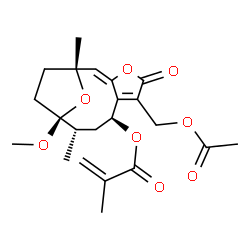 ChemSpider 2D Image | (1R,2E,8S,10S,11S)-6-(Acetoxymethyl)-11-methoxy-1,10-dimethyl-5-oxo-4,14-dioxatricyclo[9.2.1.0~3,7~]tetradeca-2,6-dien-8-yl methacrylate | C22H28O8