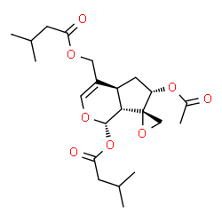 ChemSpider 2D Image | (1S,4aS,6S,7S,7aR)-6-Acetoxy-4-{[(3-methylbutanoyl)oxy]methyl}-4a,5,6,7a-tetrahydro-1H-spiro[cyclopenta[c]pyran-7,2'-oxiran]-1-yl 3-methylbutanoate | C22H32O8