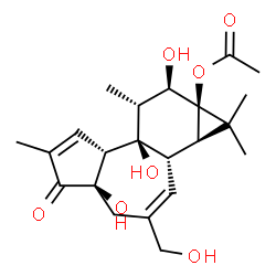 ChemSpider 2D Image | (1aR,1bS,4aR,7aR,7bR,8R,9R,9aR)-4a,7b,9-Trihydroxy-3-(hydroxymethyl)-1,1,6,8-tetramethyl-5-oxo-1,1a,1b,4,4a,5,7a,7b,8,9-decahydro-9aH-cyclopropa[3,4]benzo[1,2-e]azulen-9a-yl acetate | C22H30O7