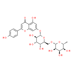 ChemSpider 2D Image | 5-Hydroxy-2-(4-hydroxyphenyl)-4-oxo-4H-chromen-7-yl 6-O-(6-deoxy-beta-D-allopyranosyl)-alpha-L-altropyranoside | C27H30O14