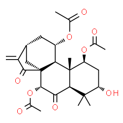 ChemSpider 2D Image | (1alpha,3beta,5beta,7beta,9beta,10alpha,11beta,13alpha)-3-Hydroxy-6,15-dioxokaur-16-ene-1,7,11-triyl triacetate | C26H34O9