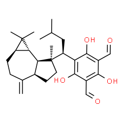 ChemSpider 2D Image | 2,4,6-Trihydroxy-5-{(1R)-3-methyl-1-[(1aR,4aR,7S,7aS,7bS)-1,1,7-trimethyl-4-methylenedecahydro-1H-cyclopropa[e]azulen-7-yl]butyl}isophthalaldehyde | C28H38O5