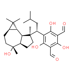 ChemSpider 2D Image | 2,4,6-Trihydroxy-5-{(1S)-1-[(1aR,4R,4aR,7S,7aR,7bS)-4-hydroxy-1,1,4,7-tetramethyldecahydro-1H-cyclopropa[e]azulen-7-yl]-3-methylbutyl}isophthalaldehyde | C28H40O6