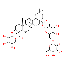 ChemSpider 2D Image | 1-O-[(3beta,5beta,17alpha)-23-Hydroxy-28-oxo-3-(beta-L-ribopyranosyloxy)olean-12-en-28-yl]-6-O-alpha-D-mannopyranosyl-alpha-D-mannopyranose | C47H76O18