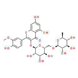 ChemSpider 2D Image | 5,7-Dihydroxy-2-(4-hydroxy-3-methoxyphenyl)-4-oxo-4H-chromen-3-yl 6-O-(6-deoxy-beta-L-glucopyranosyl)-alpha-D-mannopyranoside | C28H32O16