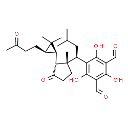 ChemSpider 2D Image | 5-[(1R)-1-{(1S,2R)-2-[(1R,3R)-2,2-Dimethyl-3-(3-oxobutyl)cyclopropyl]-1-methyl-3-oxocyclopentyl}-3-methylbutyl]-2,4,6-trihydroxyisophthalaldehyde | C28H38O7