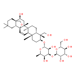 ChemSpider 2D Image | (3beta,5beta,8alpha,13alpha,14beta,16beta,17alpha)-16,23-Dihydroxy-13,28-epoxyolean-11-en-3-yl 6-deoxy-3-O-alpha-D-mannopyranosyl-alpha-D-talopyranoside | C42H68O13