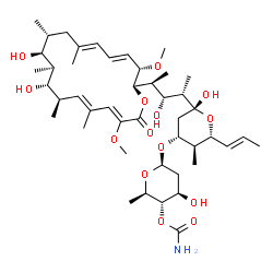 ChemSpider 2D Image | (5R)-3-O-(4-O-Carbamoyl-2,6-dideoxy-beta-D-arabino-hexopyranosyl)-2,4-dideoxy-1-C-{(2S,3R,4S)-4-[(2R,3S,4E,6E,9R,10S,11S,12S,13R,14E,16Z)-10,12-dihydroxy-3,17-dimethoxy-7,9,11,13,15-pentamethyl-18-oxo
oxacyclooctadeca-4,6,14,16-tetraen-2-yl]-3-hydroxy-2-pentanyl}-4-methyl-5-[(1E)-1-propen-1-yl]-alpha-D-threo-pentopyranose | C45H73NO14