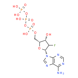 ChemSpider 2D Image | 9-[(2xi)-2-Deoxy-2-fluoro-5-O-(hydroxy{[hydroxy(phosphonooxy)phosphoryl]oxy}phosphoryl)-beta-D-threo-pentofuranosyl]-9H-purin-6-amine | C10H15FN5O12P3