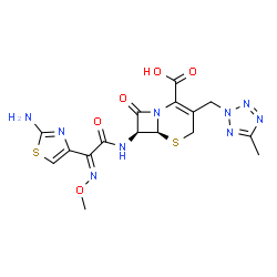 ChemSpider 2D Image | (6S,7S)-7-{[(2E)-2-(2-Amino-1,3-thiazol-4-yl)-2-(methoxyimino)acetyl]amino}-3-[(5-methyl-2H-tetrazol-2-yl)methyl]-8-oxo-5-thia-1-azabicyclo[4.2.0]oct-2-ene-2-carboxylic acid | C16H17N9O5S2