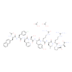 ChemSpider 2D Image | N-Acetyl-3-(2-naphthyl)-D-alanyl-4-chloro-L-phenylalanyl-3-(3-pyridinyl)-D-alanyl-L-seryl-L-tyrosyl-N~5~-carbamoyl-D-ornithyl-D-leucyl-D-arginyl-D-prolyl-D-alaninamide acetate (1:2) | C74H100ClN17O18