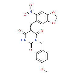 ChemSpider 2D Image | 1-(4-Methoxybenzyl)-5-[(6-nitro-1,3-benzodioxol-5-yl)methylene]-2,4,6(1H,3H,5H)-pyrimidinetrione | C20H15N3O8