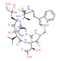 ChemSpider 2D Image | (2R)-[(1R,14S,19R,21R,24R,29R,32R,35S)-29-(2,3-Dihydroxy-2-methylpropyl)-19-hydroxy-32-isopropyl-24-methyl-16,22,25,27,30,33,36-heptaoxo-12-thia-10,15,17,23,26,28,31,34-octaazapentacyclo[12.12.10.0~3,
11~.0~4,9~.0~17,21~]hexatriaconta-3(11),4,6,8-tetraen-35-yl](hydroxy)acetic acid | C37H50N8O13S