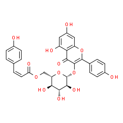ChemSpider 2D Image | 5,7-Dihydroxy-2-(4-hydroxyphenyl)-4-oxo-4H-chromen-3-yl 6-O-[(2Z)-3-(4-hydroxyphenyl)-2-propenoyl]-beta-L-glucopyranoside | C30H26O13