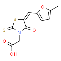 ChemSpider 2D Image | {(5E)-5-[(5-Methyl-2-furyl)methylene]-4-oxo-2-thioxo-1,3-thiazolidin-3-yl}acetic acid | C11H9NO4S2