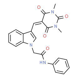 ChemSpider 2D Image | 2-{3-[(1,3-Dimethyl-2,4,6-trioxotetrahydro-5(2H)-pyrimidinylidene)methyl]-1H-indol-1-yl}-N-phenylacetamide | C23H20N4O4
