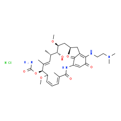 ChemSpider 2D Image | (4E,6Z,9S,10E,12S,13R,14S,16R)-19-{[2-(Dimethylamino)ethyl]amino}-13-hydroxy-8,14-dimethoxy-4,10,12,16-tetramethyl-3,20,22-trioxo-2-azabicyclo[16.3.1]docosa-1(21),4,6,10,18-pentaen-9-yl carbamate hydr
ochloride (1:1) | C32H49ClN4O8
